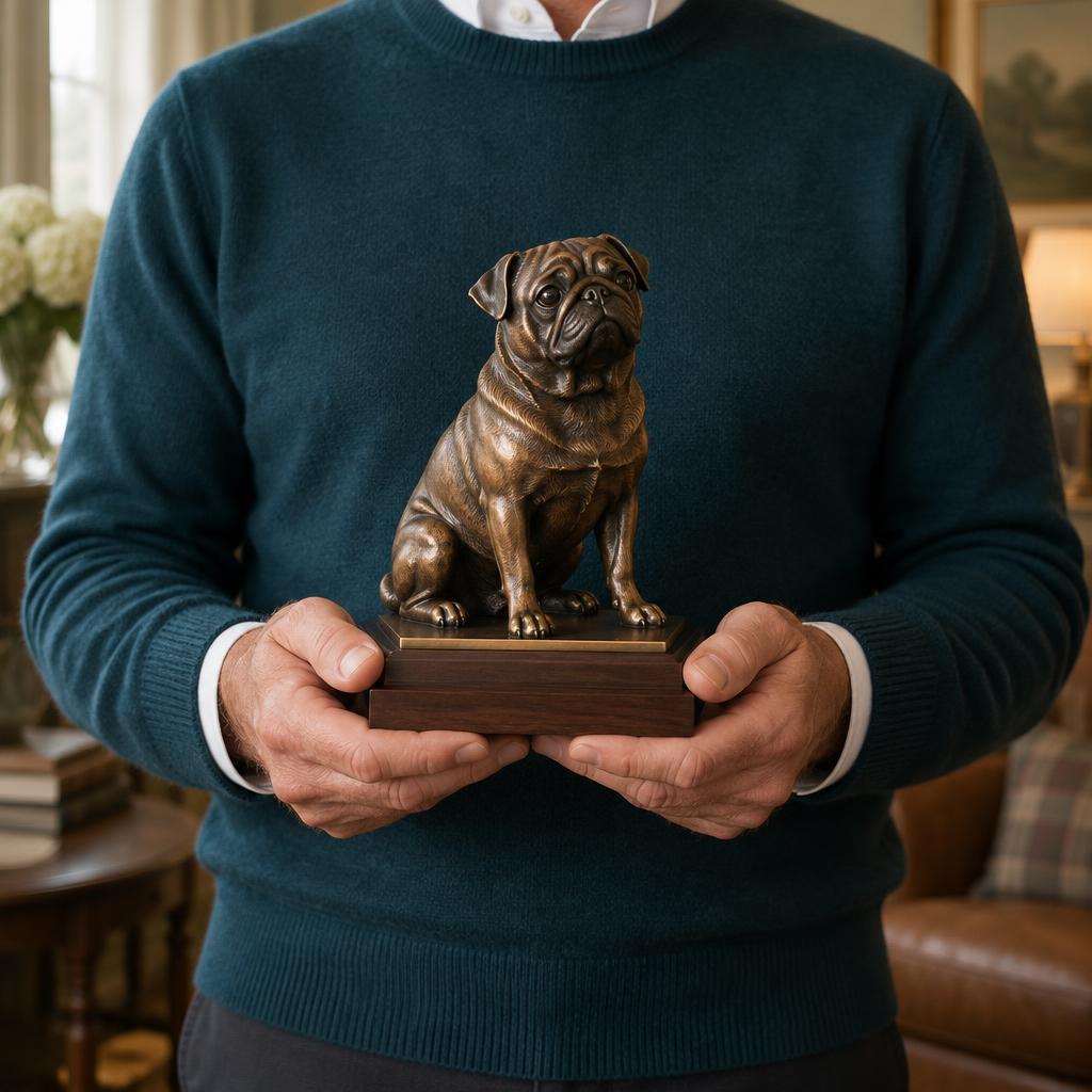 A person holding a bronze pug memorial portrait